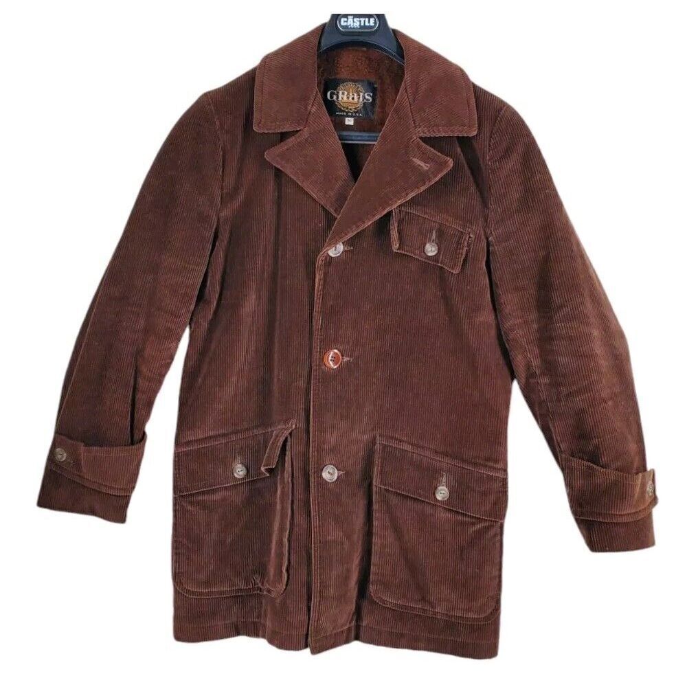 Vtg Grais Corduroy Coat Faux Sherpa Lined Mens 36 Brown USA Made Y2K